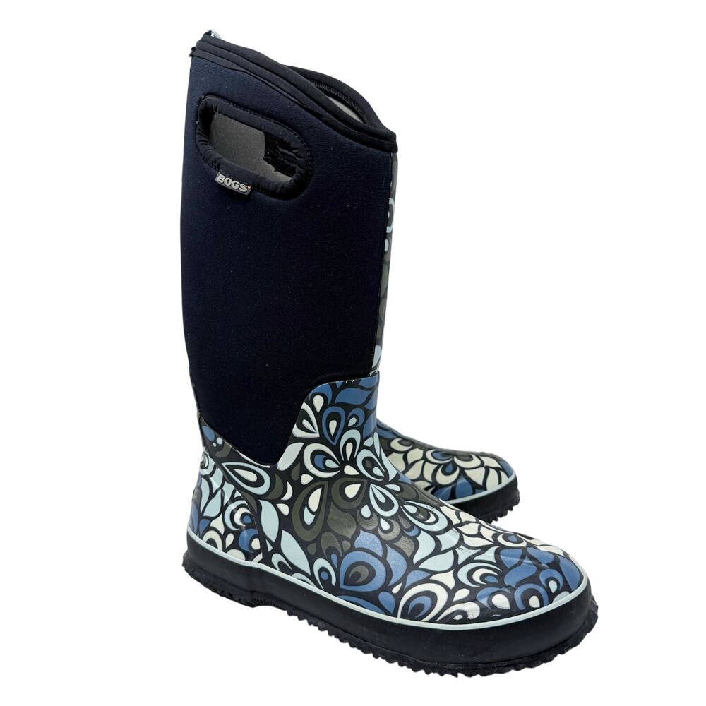 Bogs Blue and Black Floral Rain Boots Women's Size 9 EUC Pull On Waterproof